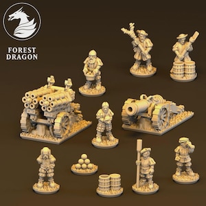 May include: A selection of miniature figurines and artillery, possibly for tabletop gaming. The set includes cannons, multi-barrel rocket launchers, soldiers, and barrels. The figurines are detailed and stand on textured bases, suggesting a fantasy or historical theme.