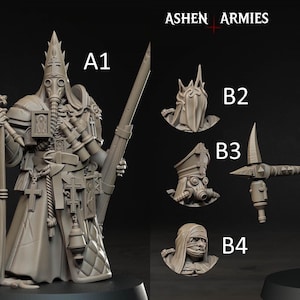 Może przedstawiać: Dwie jasnoszare miniaturowe figurki z żywicy z napisem Ashen Armies, z wymiennymi głowami od A1 do A3 oraz od B1 do B4. Figurki mają na sobie długie szaty, maski przeciwgazowe i symbole religijne, trzymając w dłoniach kostur oraz tarczę.