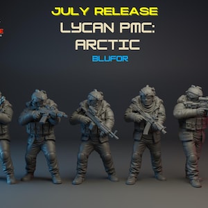 May include: Five gray miniature figures of soldiers in tactical gear, each holding a rifle. The figures are part of the "LYCAN PMC: ARCTIC" series, with text indicating a July release and "Tier 3". The Turnbase logo is in the upper left.