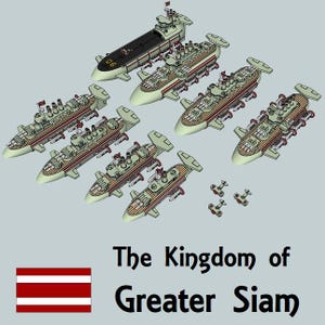 Puede incluir: Una ilustración digital de una flota de seis buques de guerra futuristas, cada uno con un diseño único, volando sobre un fondo gris. El texto "The Kingdom of Greater Siam" se muestra debajo de los barcos. Una bandera roja y blanca está en la esquina inferior izquierda.