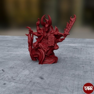May include: Red 3D printed miniature of a demon with multiple arms and a sword. The demon is sitting on a throne and has a book in its hand.