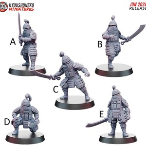 May include: Five gray miniature samurai figures in various action poses, each holding a sword. The figures are on black circular bases. The top left corner has the text "KYOUSYUNEKO MINIATURES". The top right corner has the text "JUN 2024 RELEASE".