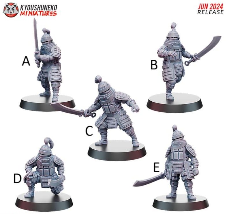 May include: Five gray miniature samurai figures in various action poses, each holding a sword. The figures are on black circular bases. The top left corner has the text "KYOUSYUNEKO MINIATURES". The top right corner has the text "JUN 2024 RELEASE".