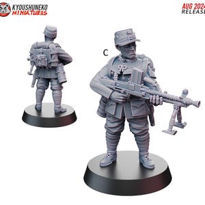 May include: A gray miniature figurine of a soldier holding a machine gun, standing on a black base. The figurine is wearing a uniform and a cap. The text "AUG 2024 RELEASE" is visible.