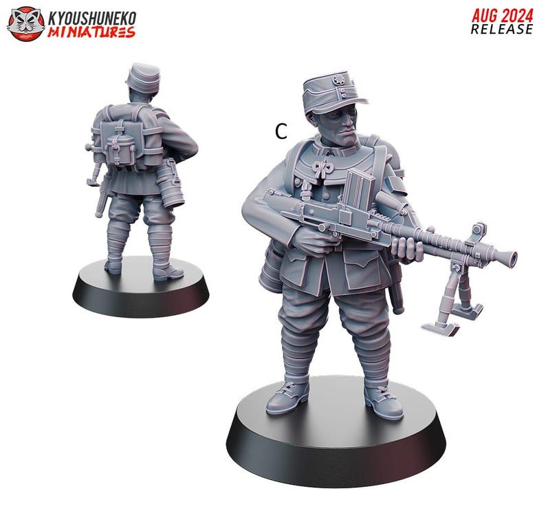 May include: A gray miniature figurine of a soldier holding a machine gun, standing on a black base. The figurine is wearing a uniform and a cap. The text "AUG 2024 RELEASE" is visible.