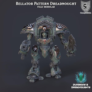 Op de afbeelding: Een volledig modulair Bellator Pattern Dreadnought model in groen, zilver en brons. Het model heeft een gedetailleerd mechanisch ontwerp, met een schedelvormige kop en diverse wapenopzetstukken. De afbeelding bevat de tekst "Bellator Pattern Dreadnought" en "Fully Modular".