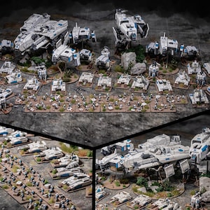 May include: A collection of white and blue miniature spaceships and soldiers on a grey surface. The spaceships have detailed designs and are arranged in a battle formation. The soldiers are standing in rows, ready for action.