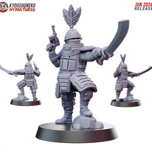 May include: Three gray miniature figures of armored warriors. The central figure is posed with a sword and a gun, while the other two figures are in similar poses. The figures are on a black base. The text "JUN 2024 RELEASE" is visible.