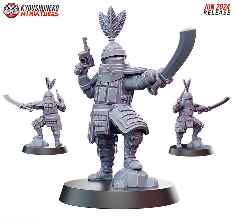 May include: Three gray miniature figures of armored warriors. The central figure is posed with a sword and a gun, while the other two figures are in similar poses. The figures are on a black base. The text "JUN 2024 RELEASE" is visible.
