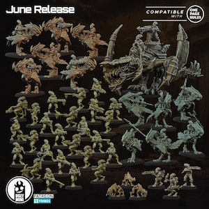 May include: A collection of miniature figurines in various poses, including soldiers and creatures, in shades of tan and green. The text "June Release" is at the top. The figurines are compatible with "One Page Rules". The Ugly Mini and Patreon Tribes logos are at the bottom.