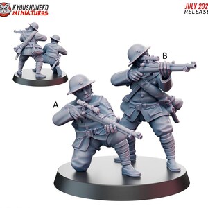 May include: Miniature figurines of soldiers in combat poses, holding rifles with scopes. The figures are in a gray color, with detailed uniforms and helmets. The text "JULY 2024 RELEASE" is visible.
