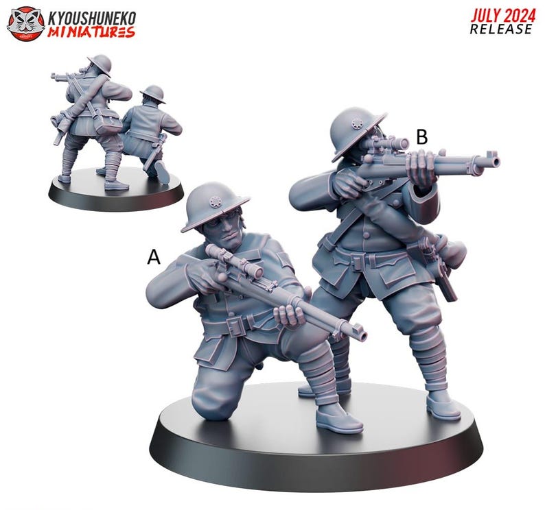 May include: Miniature figurines of soldiers in combat poses, holding rifles with scopes. The figures are in a gray color, with detailed uniforms and helmets. The text "JULY 2024 RELEASE" is visible.