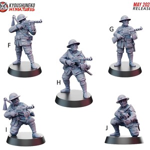 May include: Miniature figurines of soldiers in military uniforms, holding machine guns. The figures are gray and stand on black circular bases. The text "MAY 2024 RELEASE" is in the upper right corner.