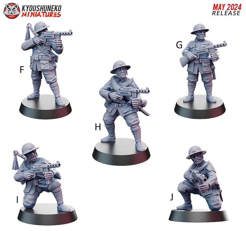 May include: Miniature figurines of soldiers in military uniforms, holding machine guns. The figures are gray and stand on black circular bases. The text "MAY 2024 RELEASE" is in the upper right corner.