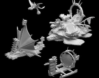 May include: A set of four white plastic miniature models of a fantasy creature, a flying dragon, a turtle-like creature with a circular structure on its back, a ship with a sail, and a circular structure on a stand.