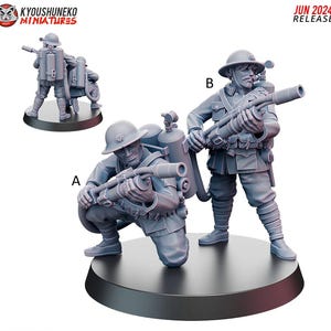 May include: Three gray miniature soldiers in military uniforms, each with a flamethrower and oxygen tank. One is crouching, another standing, and a third in the background. The text "JUN 2024 RELEASE" is visible.