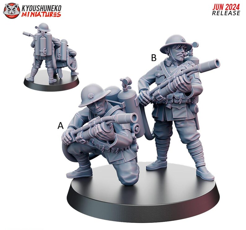 May include: Three gray miniature soldiers in military uniforms, each with a flamethrower and oxygen tank. One is crouching, another standing, and a third in the background. The text "JUN 2024 RELEASE" is visible.