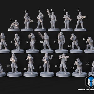 May include: Twenty unpainted miniature figurines of soldiers in futuristic armour, each on a circular base. The figures are in various action poses, holding weapons. The image includes the text "PATREON.COM/GALACTICARMORY".