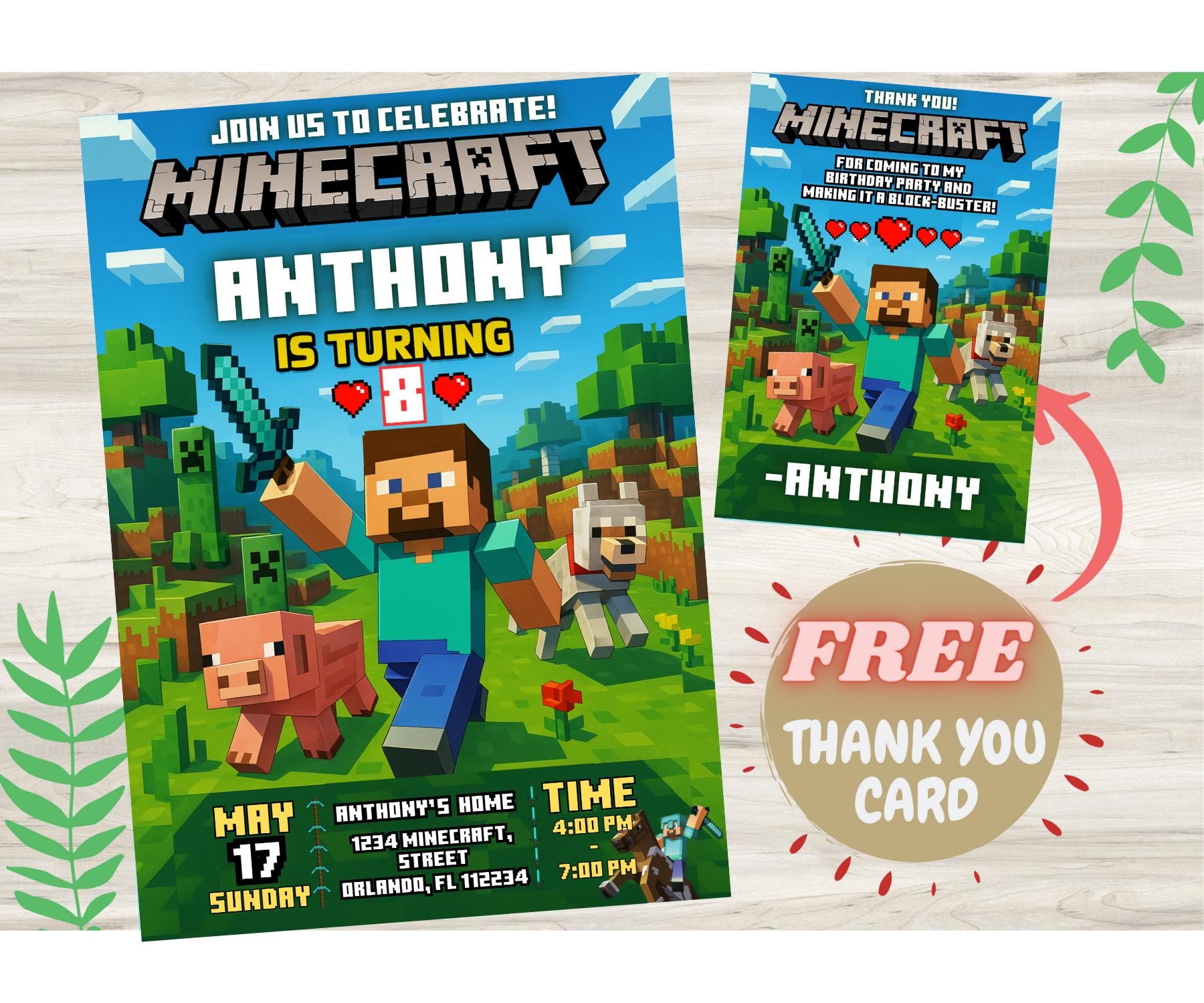 Editable Minecraft Birthday Invite + Thank You Card