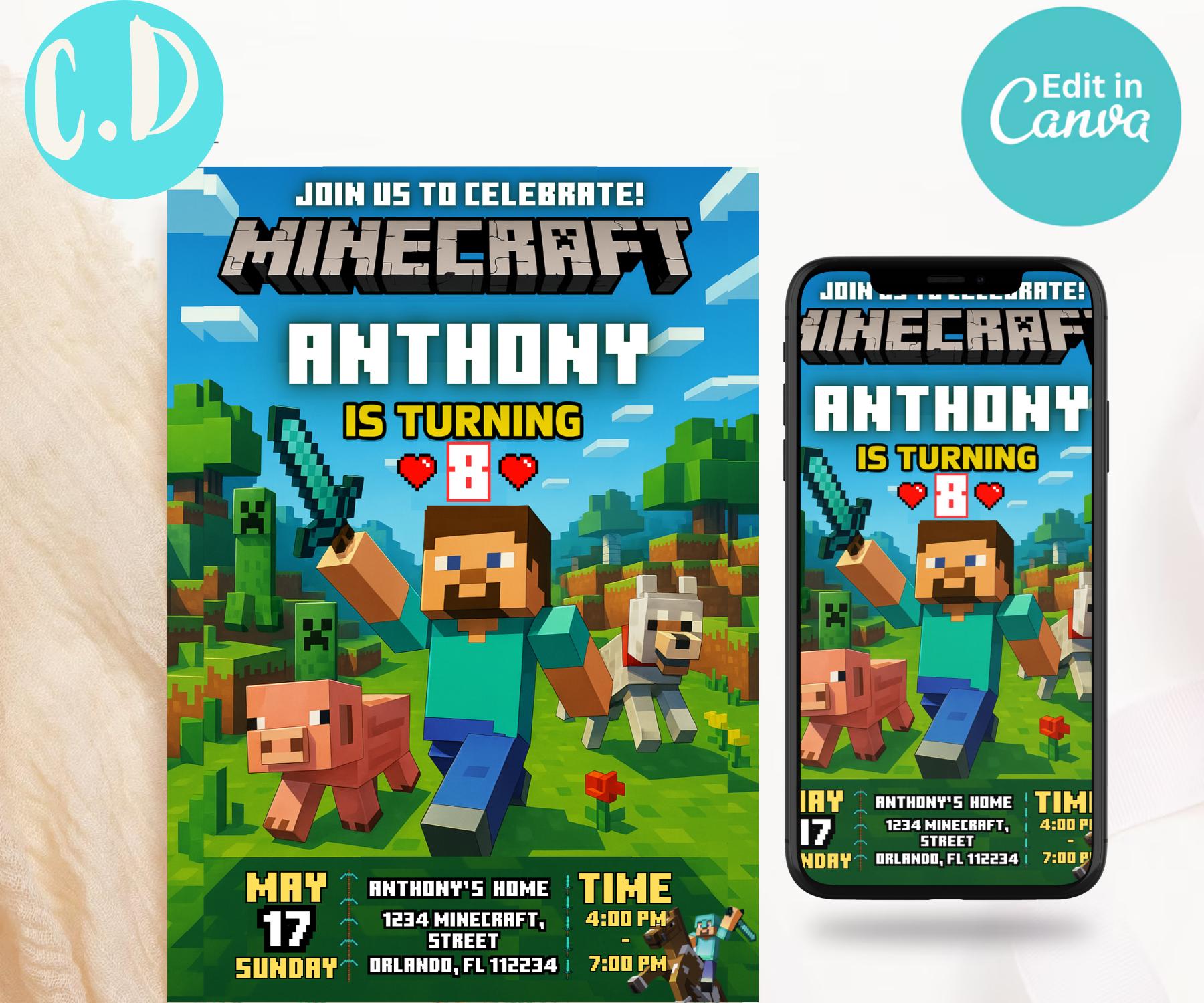Editable Minecraft Birthday Invite + Thank You Card