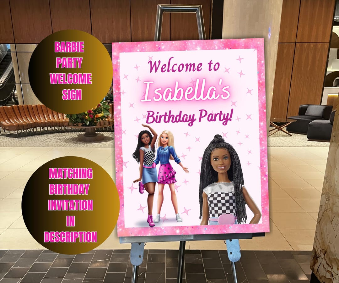 Editable Pink Welcome Sign With Barbi, Pink Doll Birthday Sign, Party ...