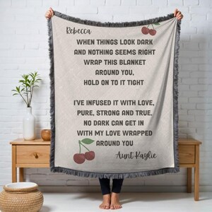Manta personalizada, regalo considerado, cerezas, algodón tejido, manta de aliento, regalo para adolescente, graduación, tapiz tejido, nombre personalizado