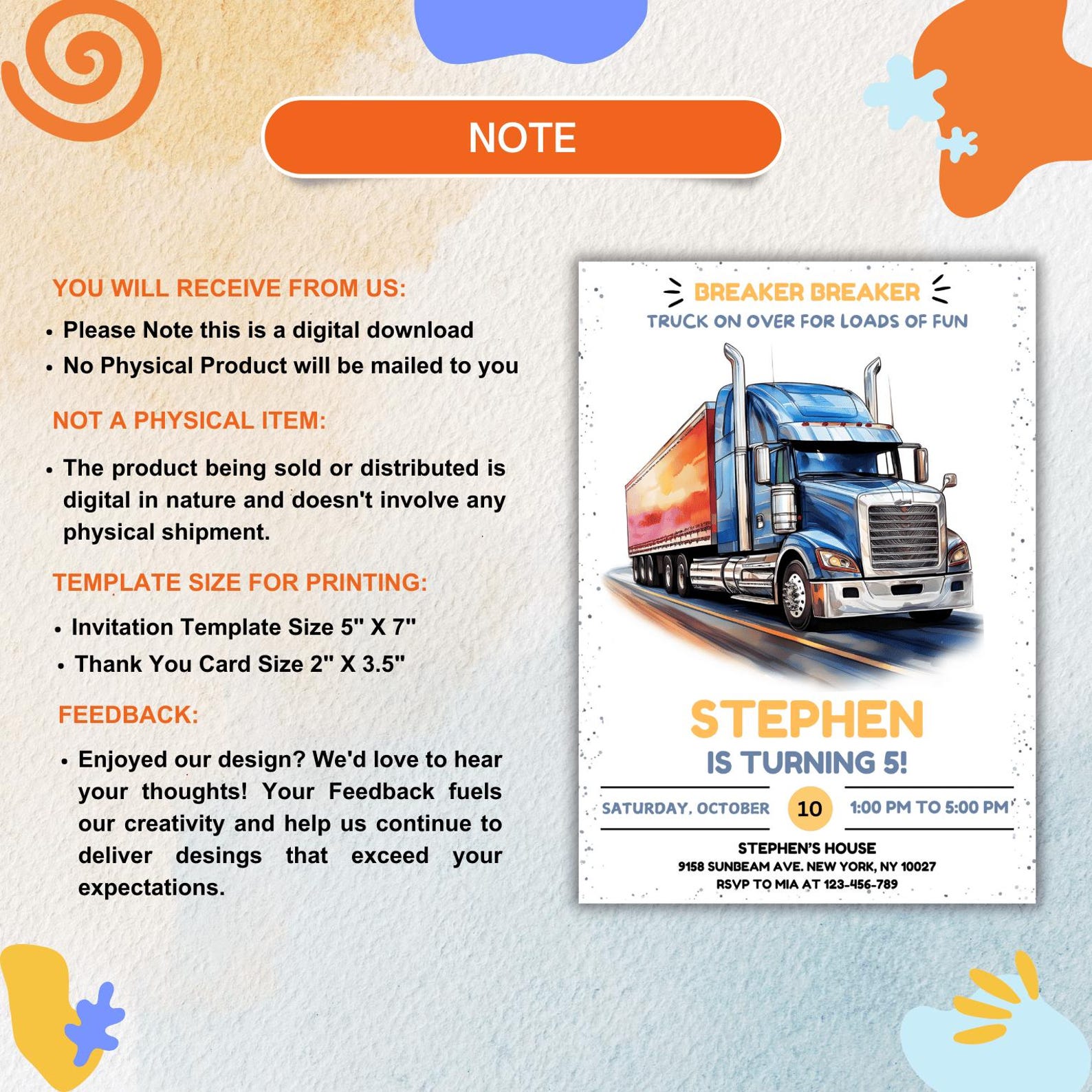 Editable Semi Blue Truck Birthday Party Invitation Template, Big Rig ...