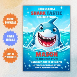 Editable Shark Birthday Party Invitation, Shark Theme Template, Fintastic Shark Party Evite, SharkTastic Celebration Evite, Instant Download