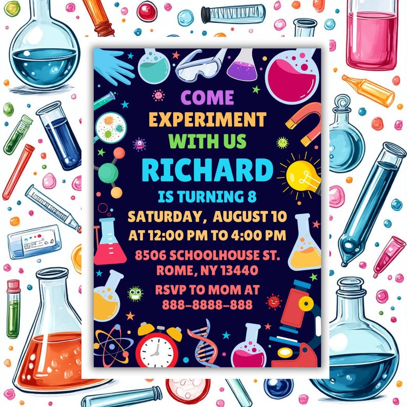 Science Invitation Abstract Editable Science Birthday Invitation: Mad Scientist Party (digital ...
