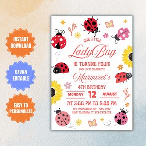 Editable Little Ladybug Birthday Invitation, Red Lady Bug Girls Party Digital Template, Daisy Flower Ladybug Insect Birthday Party Invite