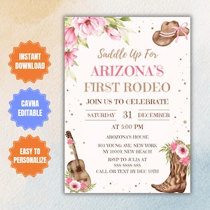 Editable First Rodeo Birthday Invitation Template, Floral Rodeo Western Party Invitation, Country Cowgirl Pink Hat Evite, Boots Party Invite