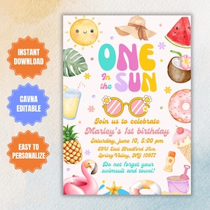 Editable One In The Sun 1st Birthday Party Invitation, Tropical Summer Splish Splash Girly 1st Birthday Party, Pool Party Instant Download