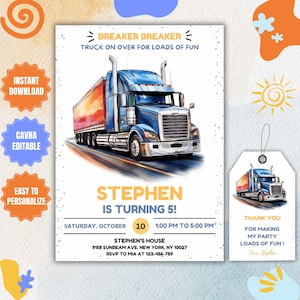 Modelo de convite para festa de aniversário de caminhão semi azul editável, convite para festa de caminhão grande, convite para caminhão de 18 rodas, caminhão sobre, cartão de agradecimento grátis