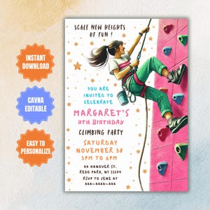 Bearbeitbare Mädchen-Rock-Klettereinladung, Rock-Klettern-Geburtstags-Einladung, Mädchen-Innenkletterwand einladen, Kinder-Teenager-Party druckbare Vorlage