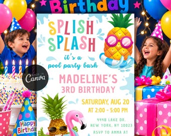 Aloha Pool Party Invitation, Editable Luau Birthday Template, Tropical Hawaiian Invite, Summer Kids Birthday Evite, Digital Download