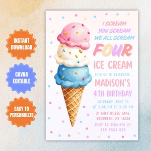 BEARBEITBAR Ich schreie vier Eis Geburtstagseinladung, Eis Party einladen, 4. Geburtstag, vierte süße Feier Evite, Instant Download