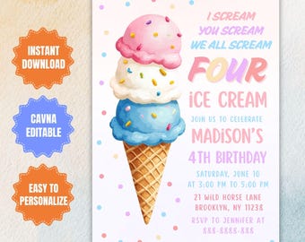 Ice Cream 4th Birthday Invitation: Editable Party Invite (Digital Download)