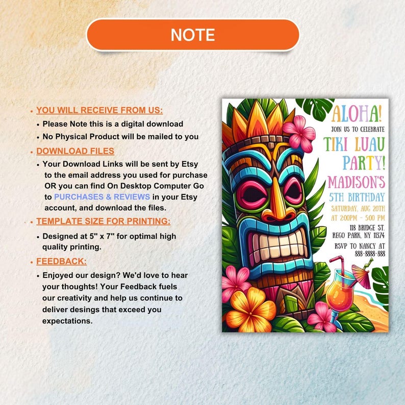 Create lasting memories with our Aloha Tropical Party Invitation! Designed for luau birthdays, Hawaiian-themed parties, or summer festivities, this colorful, customizable digital invite is easy to personalize. Add your details, download instantly, and print at home or any print shop. Its vibrant tropical design sets a cheerful tone for your celebration. Quick, convenient, and fully editable, this digital invitation is the perfect way to invite guests and kick off your island-inspired event!