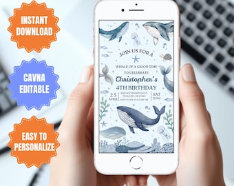 Op de afbeelding: Een blauw en wit telefoonscherm met een walvis-thema verjaardagsuitnodiging voor een 4e verjaardag. De uitnodiging toont een walvis, kwallen en andere zeedieren. De tekst op de uitnodiging luidt "Doe mee voor een geweldige tijd om de 4e verjaardag van Christopher te vieren".