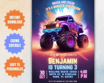 Monster-Truck-Geburtstagseinladung: Blaue Party-Einladung (Digital)
