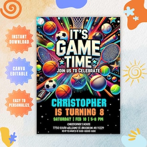 Editable Sports Birthday Invitation, Sport Theme Invite, Its Game Time Party Digital Template, All Star Sports Flyer Evite