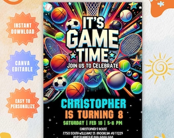 Editable Sports Birthday Invitation, Sport Theme Invite, Its Game Time Party Digital Template, All Star Sports Flyer Evite