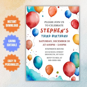 Editable Balloons Birthday Invitation Template, Colorful Balloon Party Invite, Balloon Birthday Invite, Kids Balloon Digital Invitation Card