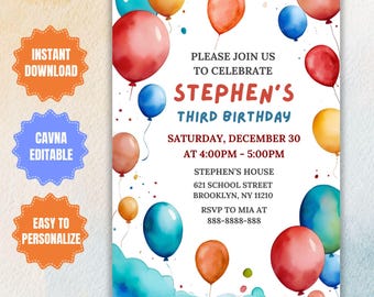 Sjabloon voor bewerkbare ballonnen verjaardagsuitnodiging: uitnodiging voor kinderfeestje (5 x 7" digitale pdf- of jpeg-download)