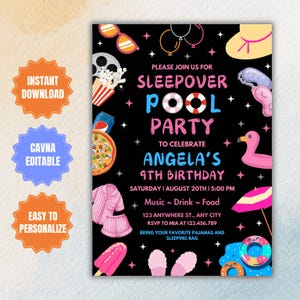 Editable Sleepover Pool Party Invitation Template (Instant Download)
