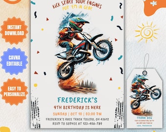 Può includere: Un invito a una festa di compleanno con un design colorato che presenta un bambino che guida una moto da cross. Il testo recita "Kick Start Your Engines Put 'Em In Gear" e "Frederick's 9th Birthday Is Here".