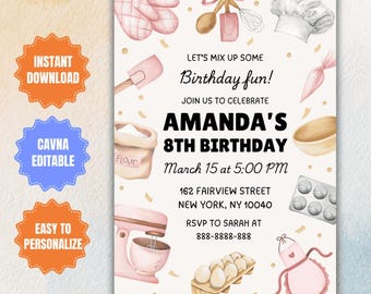 May include: A white birthday invitation with a pink and gold theme. The invitation features a variety of baking-themed illustrations, including a mixer, a chef's hat, and a bowl of flour. The text on the invitation reads "Let's mix up some birthday fun! Join us to celebrate Amanda's 8th Birthday. March 15 at 5:00 PM. 162 Fairview Street, New York, NY 10040. RSVP to Sarah at 888-8888-888."