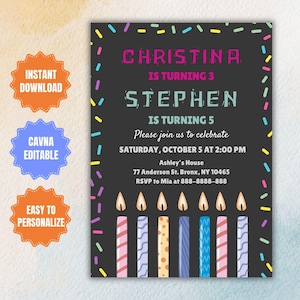 Editable Twins Birthday Party Invitation, Printable Twin Confetti Siblings Birthday Template, Boys or Girls Joint Party Digital Invitation
