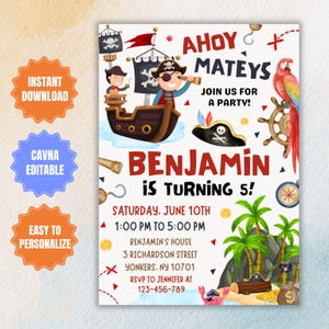 Bewerkbare piraat verjaardagsuitnodiging, Ahoy Mateys-feestuitnodiging, schatkaart, kinderen vijfde verjaardag digitale verjaardagsuitnodiging, piratenschip uitnodigen