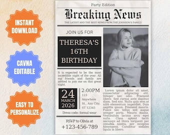 Newspaper Birthday Invitation Template, Milestone Celebration (Digital)
